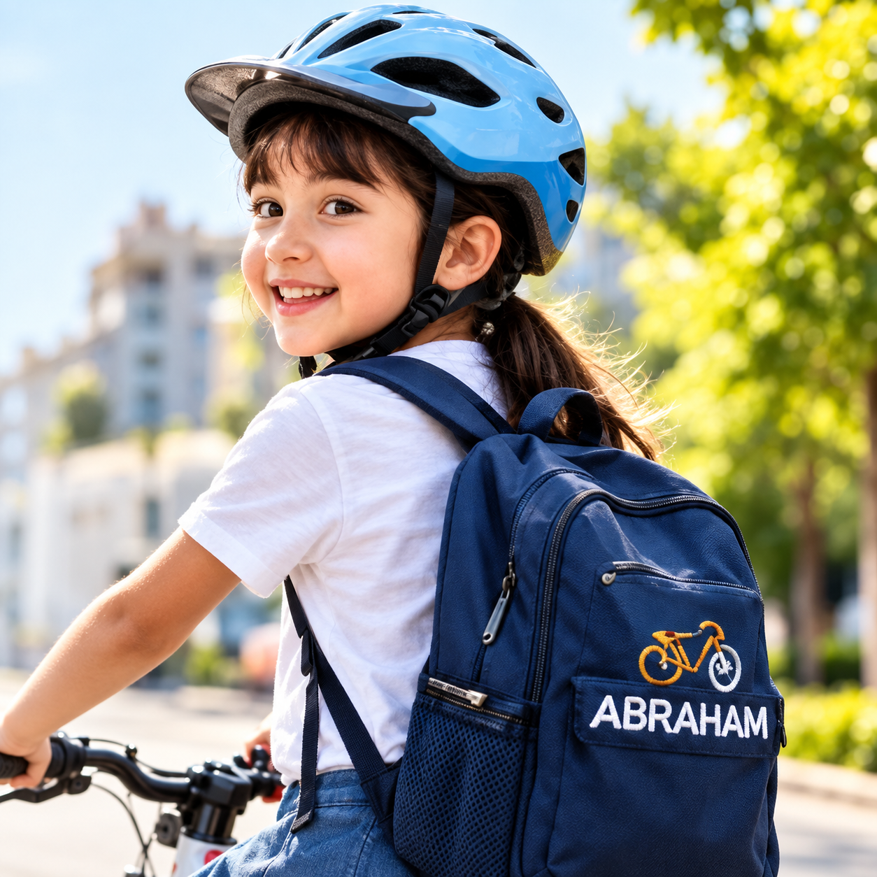 Bé gái đội mũ bảo hiểm, đeo ba lô Abraham và đạp xe