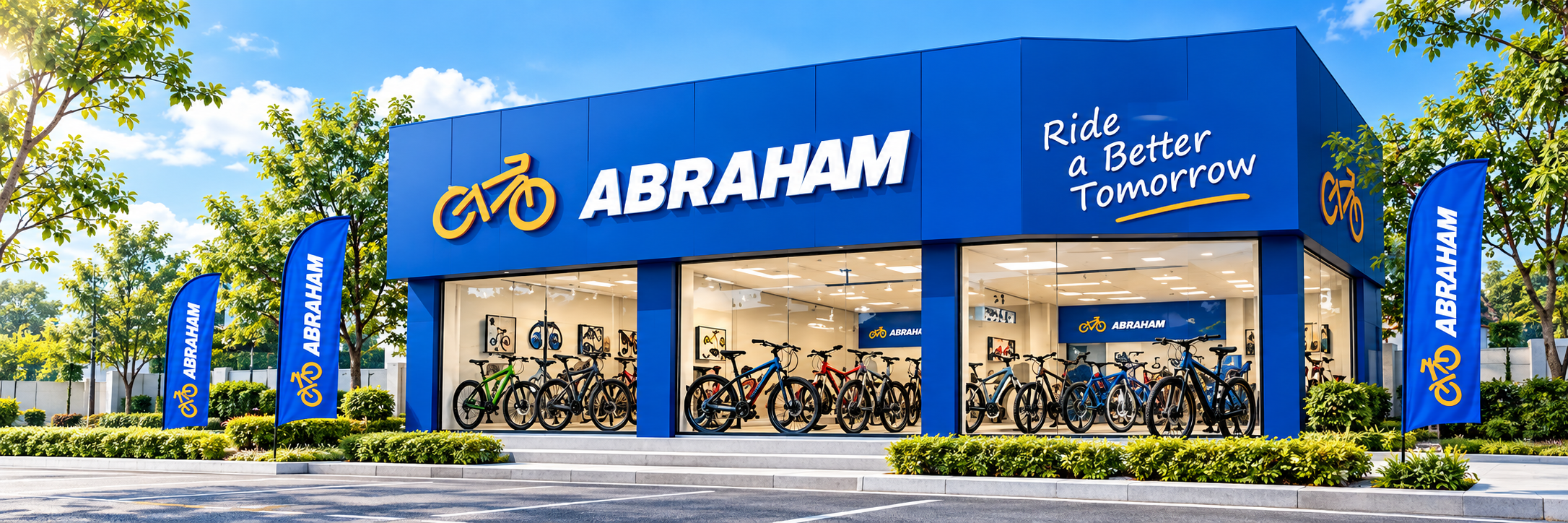 Cửa hàng xe đạp Abraham với nhận diện màu xanh